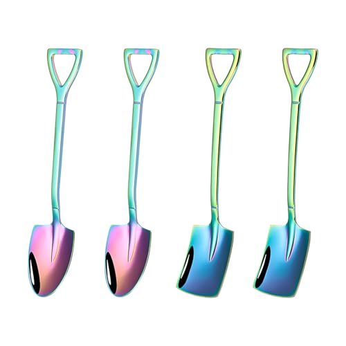 Stainless Steel Spade Spoons,DBAILY 4 PCS Shovel-Shaped Creative Coffee Spoon Dessert Spoon Ice Cream Scoop Stir Watermelon Spoon for Dining Table Restaurant Reunion (Magic Color)