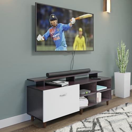 Image of VIKI Modern TV Unit for Living Room | Engineered Wood TV Cabinet with 1 Door Storage, 2 Open Shelves & Extension, Entertainment Unit, 140W x 48H x 40D cm | DIY | 1 Year Warranty (Wenge & White)