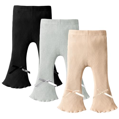 Image of DREAM BUS 3 Pack Baby Girl Pants Toddler Leggings Baby Flare Pants Baby Solid Ribbed Pants Toddler Bell Bottoms Baby Pants