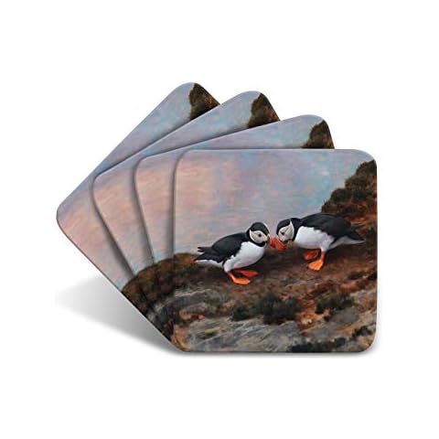 Puffins Beak Bashing Drinks Coasters by Wildlife Artist Julian Friers - Set of 4 Puffin Coasters - Non-Slip, Cork Table Coasters Cover