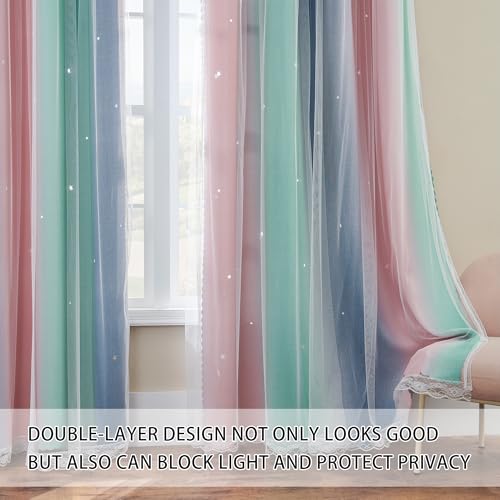 Image of XiDi Purple Grey Green 90 Inches Blackout Curtains for Girls Bedroom 2 Panels Set, Rainbow Curtains for Kids Room Decor, Unicorn Wall Decals Drapes for Little Girl Nursery Room 52 Inches Wide