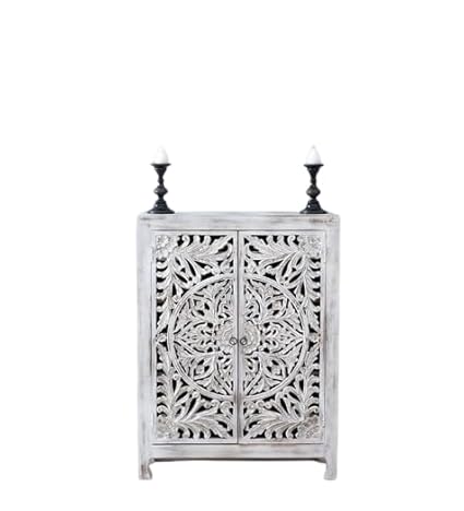 Kiran Arts Wooden Mandala Carved 2 Door Almirah, Decorative Storage Cabinet for Living Room, Dining Room, Bedroom, Office