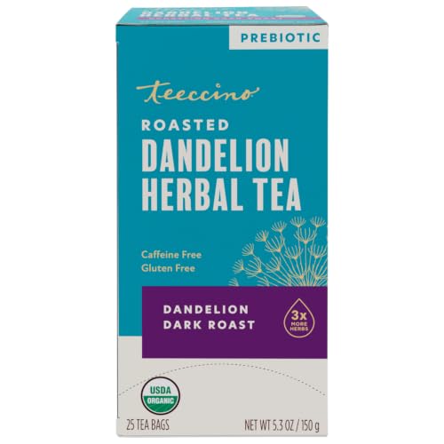 Teeccino Dandelion Herbal Tea - Dark Roast - 25 Tea Bags, Caffeine-Free, Roasted Herbal Tea with Prebiotics, 3x More Herbs than Regular Tea Bags, Gluten Free