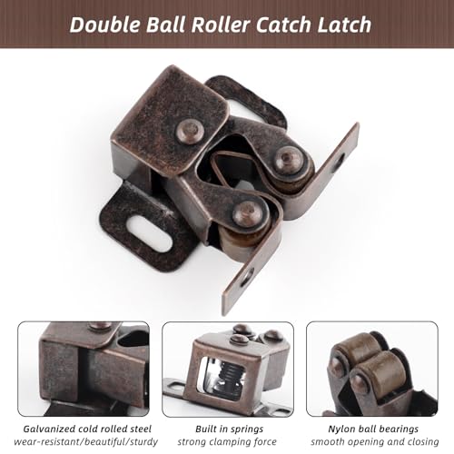 20 Pcs Cabinet Door Latch and Catch Hardware Double Roller Catch Cabinet Latches with Spear Strike and Screws for Closet Doors Kitchen Cupboard RV Doors and Drawers (Brown Antique Copper) - Thumbnail 3