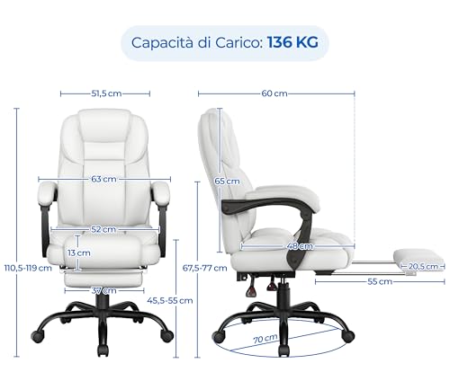 Poltrona Ufficio Ergonomica con Poggiapiedi Sedia da Ufficio in Finta Pelle con Schienale Reclinabile Bloccabile e Braccioli Imbottiti Rotelle Girevole Altezza Regolabile Bianco - Sedia gaming - Immagine 2