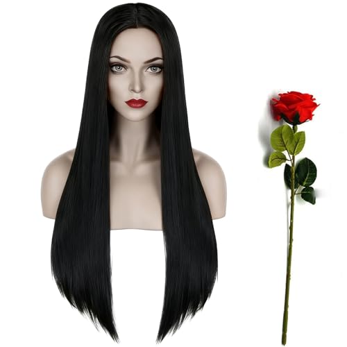 G&T Wig Long Black Wig for Mordicia Costume 30inch Black Witch Wig Middle Part Straight Black Cosplay Wigs for Women Halloween Party