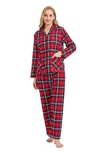 GLOBAL Pijamas Mujer Franela Largos, Conjunto Algodón Suave y Cómodo, Camisón Botones, Cintura Elástica Ajustable, Regalo Rojo/Azul/Blanco, Cuadros