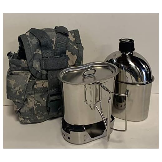 G.I. Style 1 qt. Stainless Steel Canteen with Cup and Vented Lid with New Stainless-Steel Stove Foldable, And Surplus G.I. Issue Cover (ACU MOLLE II), Kit.