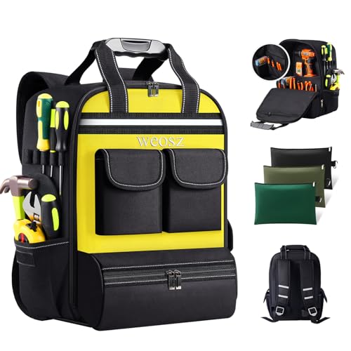 Mochila de ferramentas masculina de 45,7 cm, resistente à água, vários bolsos com 3 bolsas de ferramentas, bolsa organizadora com ombro para eletricista, mecânica, engenheiro HVAC (amarela)