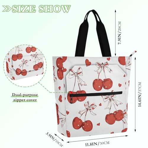 Red Cherry Bows Tote Bag for Book Lovers Reusable Bags with Zipper Pocket for School Work Shopping2
