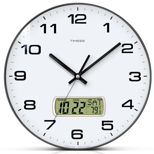 Image of TIMESS Wall Clock, 12" Dial Non-Ticking Silent Battery Operated Analog with LCD Display for Perpetual Calendar and F° Temperature, Ideal Modern Home, Bedroom, Kitchen, Office Decor (Black)