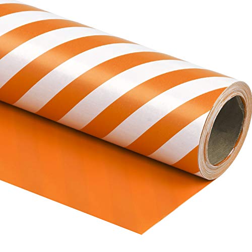 WRAPAHOLIC Reversible Wrapping Paper - Mini Roll - 17 Inch x 33 Feet - Orange and Stripes Design for Birthday Wedding Baby Shower Holiday