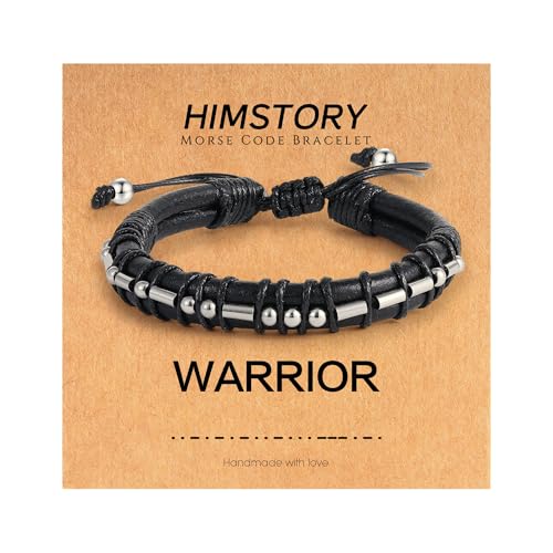 HIMSTORY Personalized Gifts for Men Teens - Warrior Morse Code Bracelets for Men Inspirational Gifts Stcking Stuffers Black Leather Bracelets
