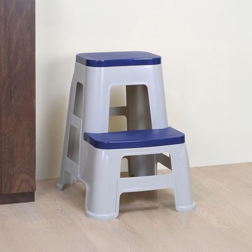 Nilkamal STL31 Strong and Durable Plastic Seating Stool for Home | Bedroom | Bathroom | Kitchen | Living Room | Office | Adult Stool with high Load Capacity (Silk Grey/Cobalt Blue)
