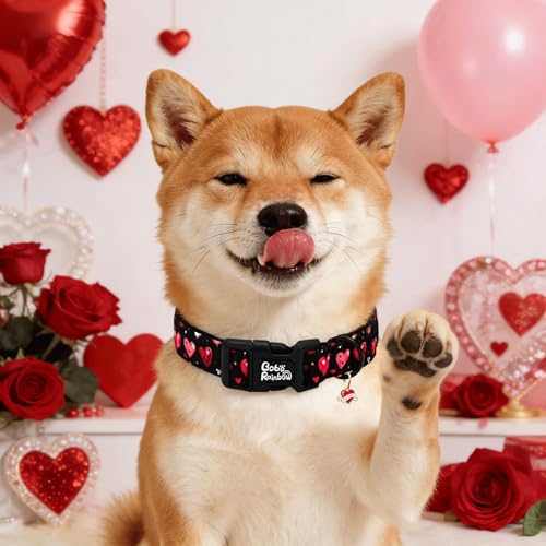 Image of Valentine's Black Base Red Heart Dog Collar for X-Small Dogs | Valentine Pet Outfit,Wedding,Anniversary,Daily Walks,Adjustable,Cotton,Quick Release Plastic Buckle,Pendant,Female /Male Dog