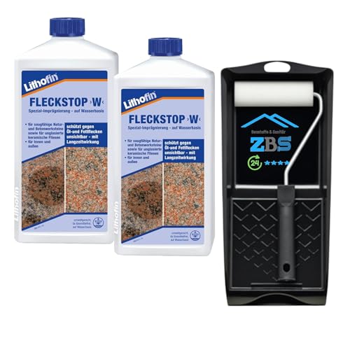 zbs24 Lithofin Fleckstop W Set lösemittelfreie Schutzimprägnierung für saugfähige Keramik Betonwerksteinbeläge und Naturstein mit Farbrollerset (2 Liter)