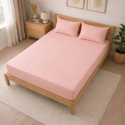 Image of THE HOME STYLE Solid Plain Cotton Feel Fitted Bedsheet (72x78 inches) with Reversible Comforter (90x100 inches) | King Size | 2 Pillow Covers | 300 TC | 4-Piece Bedding Set (Peach)