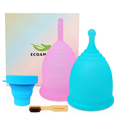 Ecoamor Eco-Friendly 2-Pack Reusable Menstrual Cup kit Including one Carry Pouch, one eco-Friendly Bamboo Cleaning Brush, and one sterilizing Cup. Healthcare 100% Medical Grade Silicone.