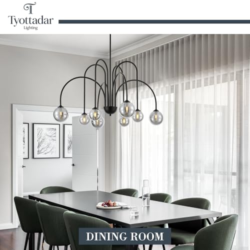 Tyottadar Modern Sputnik Chandelier 8-Light Black Mid Century Chandeliers with Smoke Glass Globe Shades Large Luxury Pendant Light Fixture for Foyer Dining Room Living Room Staircase by Tyottadar - Image 6