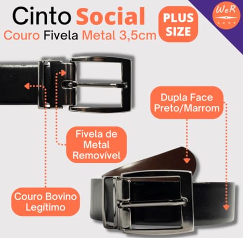 CINTO MASCULINO WR FASHION COURO SOCIAL FIVELA PINO DUPLA FACE LARG 3,5 CM PLUS SIZE (PRETO/MARROM,