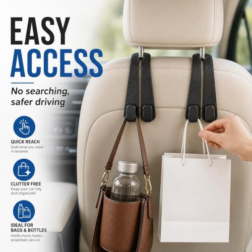 Image of Relevo Car Seat Headrest Hooks with Phone Holder, 2 Pack Leather Back Seat Hangers for Purses, Bags and Handbags, Universal Fit Car Organizer Accessories, Black