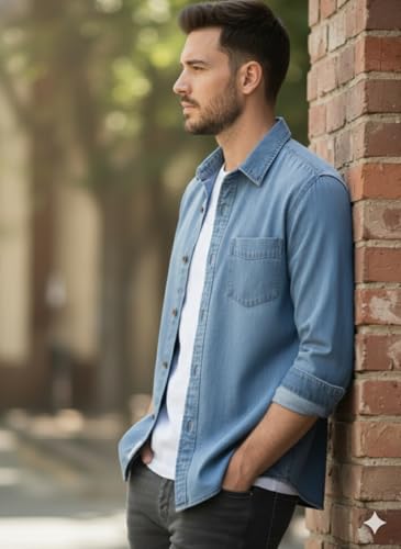 Generic Men's Blue Denim Shirt, Long Sleeve Casual Sky Blue - Image 4
