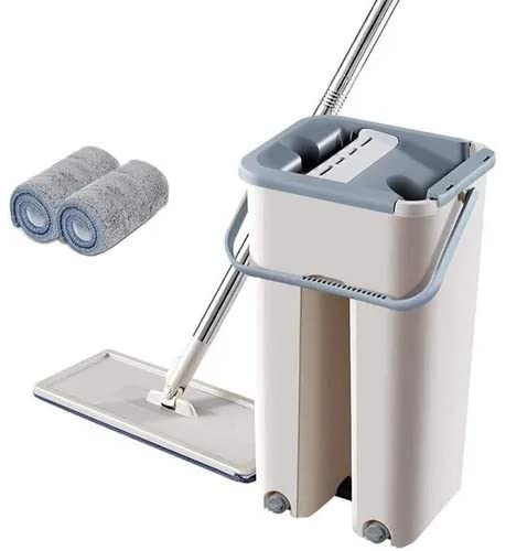 Heavy Quality Large Size Floor Mop with Bucket, Flat Squeeze Mop Bucket System Cleaning Supplies 360° Flexible Mop Head/2 Reusable Pads Home Floor Cleaner Blossom-image-17
