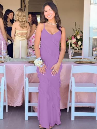 Image of HOCILLE Women's Sexy V Neck Backless Bodycon Spaghetti Strap Elegant Ruffle Maxi Cocktail Party Dresses