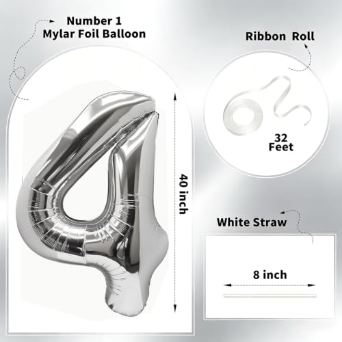 Image of Number Balloons Silver Party Balloon - Giant Number 4 Balloon, 40 Inch Large Balloon for Birthday Decorations, Silver Party Supplies for Anniversary