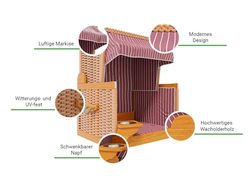 Outgarden Hundestrandkorb Kieferholz | Hundehütte inkl. Schützhülle | Schwenkbarer Wasser-/Futternapf | Sonnenschutz für Hunde & Katzen |Braun mit Rot-weißen| Perfekt für kleine Hunde