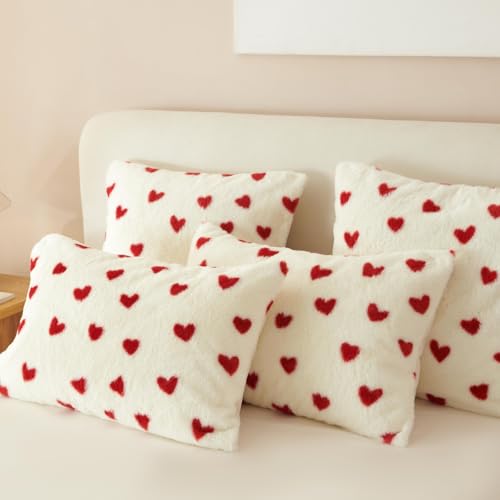 Freyamy Plüsch Kissenbezug 40x80cm 2er Set Rot Weiß Herz Liebe...