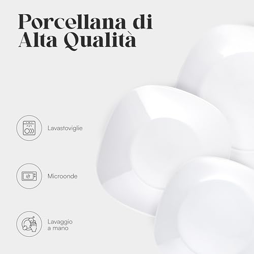 Baroni Home Servizio di Piatti da 18 pezzi in Porcellana, Servito da Tavolo Colorato per 6 Persone, Piatto Fondo, Piano, da Frutta o Dolce, Bianco Squadrato - Immagine 2