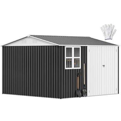 DWVO 10x10ft Metal Outdoor Storage Shed with Window, Lockable Tool Storage Sheds, Oversized Steel Garden Sheds with Sloped Roof for Backyard, Patio, Garage, Lawn, Gray