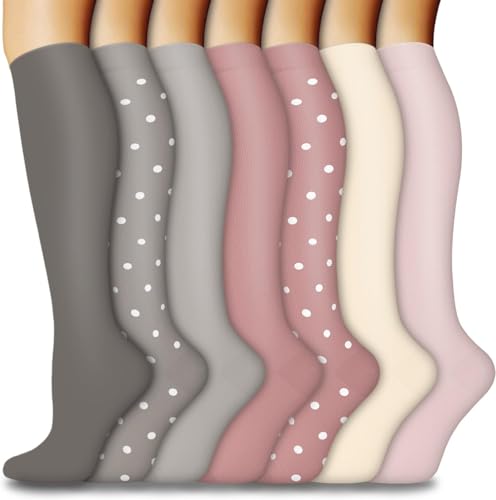 ACTINPUT Kompressionsstrümpfe Damen und Herren,7 Paar Kniestrümpfe Stützstrümpfe Kompressionssocken Laufsocken Thrombosestrümpfe für Flug,Sport,Reisen, Radsport, Krankenschwester(7101 - Grau,S-M)