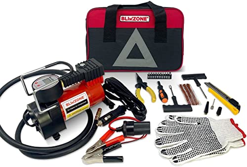 BLIKZONE 25-Pc Air Compressor tire inflator/Inflator Kit with Digital LCD Display, Auto Shut-Off, 12v air Compressor, 120 PSI, 25 LPM with Carry Case and Tire Repair Kit,Trucks & Bike tire Pump