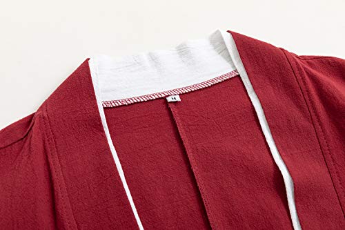 Image of Mens Japanese Kimono Cardigan Cotton Linen Haori Fashion 3 /4 Sleeve Yukata | Shawl Collar Kimono Jacket Robe Embroidery Patchwork Happi Coat Tie Pockets Lightweight Outerwear Daily Casual All Seasons
