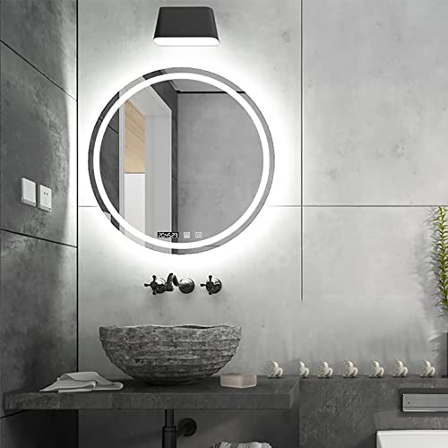 Miroir salle de bain rond LED tactile variable 80cm avec horloge