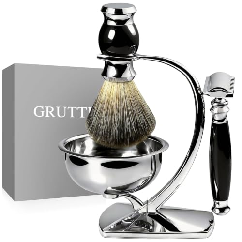 GRUTTI Premium Shaving Kit for Men, 4 in 1 Shaving Set Includes shaving Stand &amp; Soap Bowl &amp;Brush, Double Edge Safety Razor for Men, Safety, Eco-Friendly