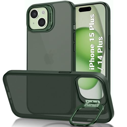 Image of TheGiftKart Hybrid Back Cover Case for iPhone 14 Plus / 15 Plus | Built-in Stand | Shockproof Hard Back Case Cover for iPhone 14+ / 15+ (PC & TPU, Frosted Matte Back, Green Sides)