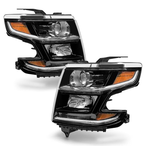 AXLAHA Headlight Assembly for 2015 2016 2017 2018 2019 2020 Chevy Suburban/ 2015-2020 Chevy Tahoe/ 2016-2019 Chevy Suburban Halogen 3500HD Chrome Housing Amber Reflector Replacement Pair