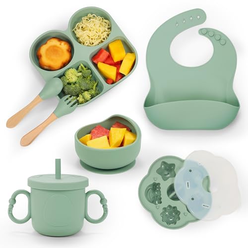 MIICASA Silicone Baby Feeding Set, Baby Led Weaning Supplies, Baby Food Tableware Silicone Suction Plate, Bowl, Spoons, Fork, Waterproof Bib, Cup & Complementary Food Cake Mold, Baby Eating Utensils