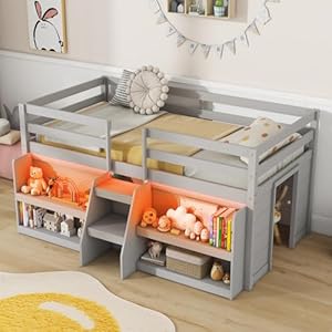 Giantex Low Loft Bed with LED Lights, Wooden Twin Loft Bed with Stairs & Safety Guardrail, Loft Bed Twin Size with Storage Bookcase and Under-Bed Play Space, Loft Bed for Kids (Grey) Giantex Low Loft Bed with LED Lights Wooden Twin Loft Bed with Stairs Safety Guardrail Loft Bed Twin Size with Storage Bookcase and Under Bed Play Space Loft Bed for Kids Grey