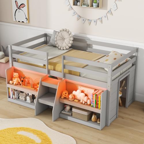 Giantex-Low-Loft-Bed-with-LED-Lights-Wooden-Twin-Loft-Bed-with-Stairs-Safety-Guardrail-Loft-Bed-Twin-Size-with-Storage-Bookcase-and-Under-Bed-Play-Space-Loft-Bed-for-Kids-Grey Giantex Low Loft Bed with LED Lights Wooden Twin Loft Bed with Stairs Safety Guardrail Loft Bed Twin Size with Storage Bookcase and Under Bed Play Space Loft Bed for Kids Grey