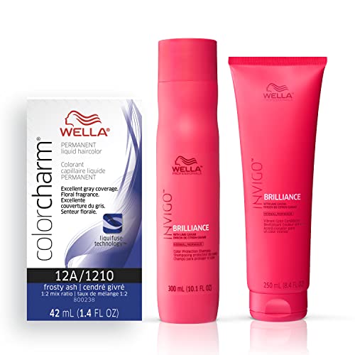 Wella Professionals Invigo Brilliance Color Protection Shampoo & Conditioner, For Fine Hair + Wella ColorCharm Permanent Liquid Hair Color for Gray Coverage, 12A Frosty Ash Blonde