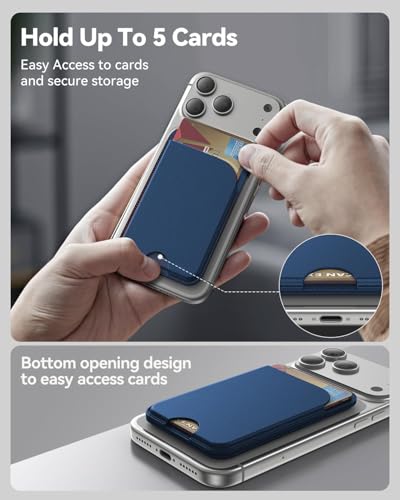 Image of Meyaar Magnetic Wallet for iPhone & Android | MagSafe Card Holder with 2 Adhesive Metal Rings | 5 Card Holder for MagSafe Cases & Android Phones | Vegan Leather (Blue)
