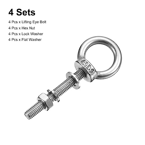 Image of uxcell Lifting Eye Bolt, 4 Sets M6x40mm Eye Bolt with Nut Washer 304 Stainless Steel Shoulder Lifting Ring Eye Bolt for Hanging Item