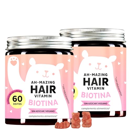 Gominolas de biotina Ah-mazing Hair, Pack de 2 – Vitaminas para Pelo, Piel y Uñas – 5000 µg de Biotina, Zinc, Vitaminas B6, B9, C, E – 120 Unidades (4 Meses), Veganas, Sin Azúcar, Bears with Benefits