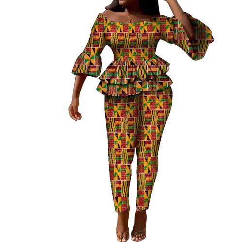 XIAOHUAGUA African Clothes for Women Ankara Kente Print Elastic Smocked 2 Piece Outfit Bodycon Pants Suit
