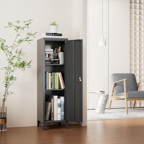 SUPEER Metallspind mit 2 höhenverstellbaren Ablagen,Abschließbarer Einzelschrank 135x38x38cm, Schließfachschrank aus Metall für Garderobe, Schule, Büro,Familie(schwarz)