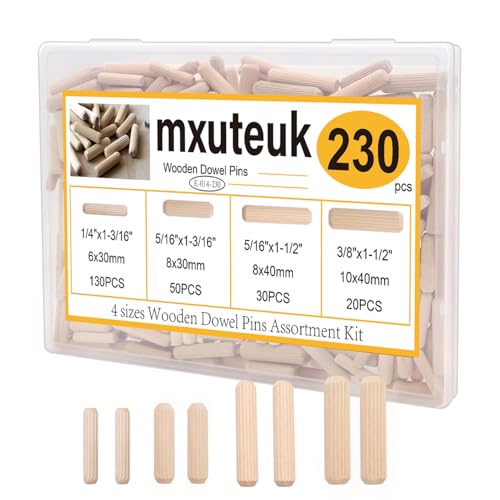 mxuteuk 230Stück Holzdübel 6mm 8mm 10mm, geriffelte Holzdübel...